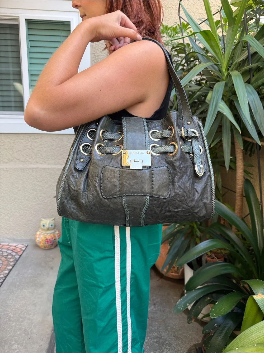 Jimmy Choo Dark Green Leather Shoulder Bag with Gold Hardware